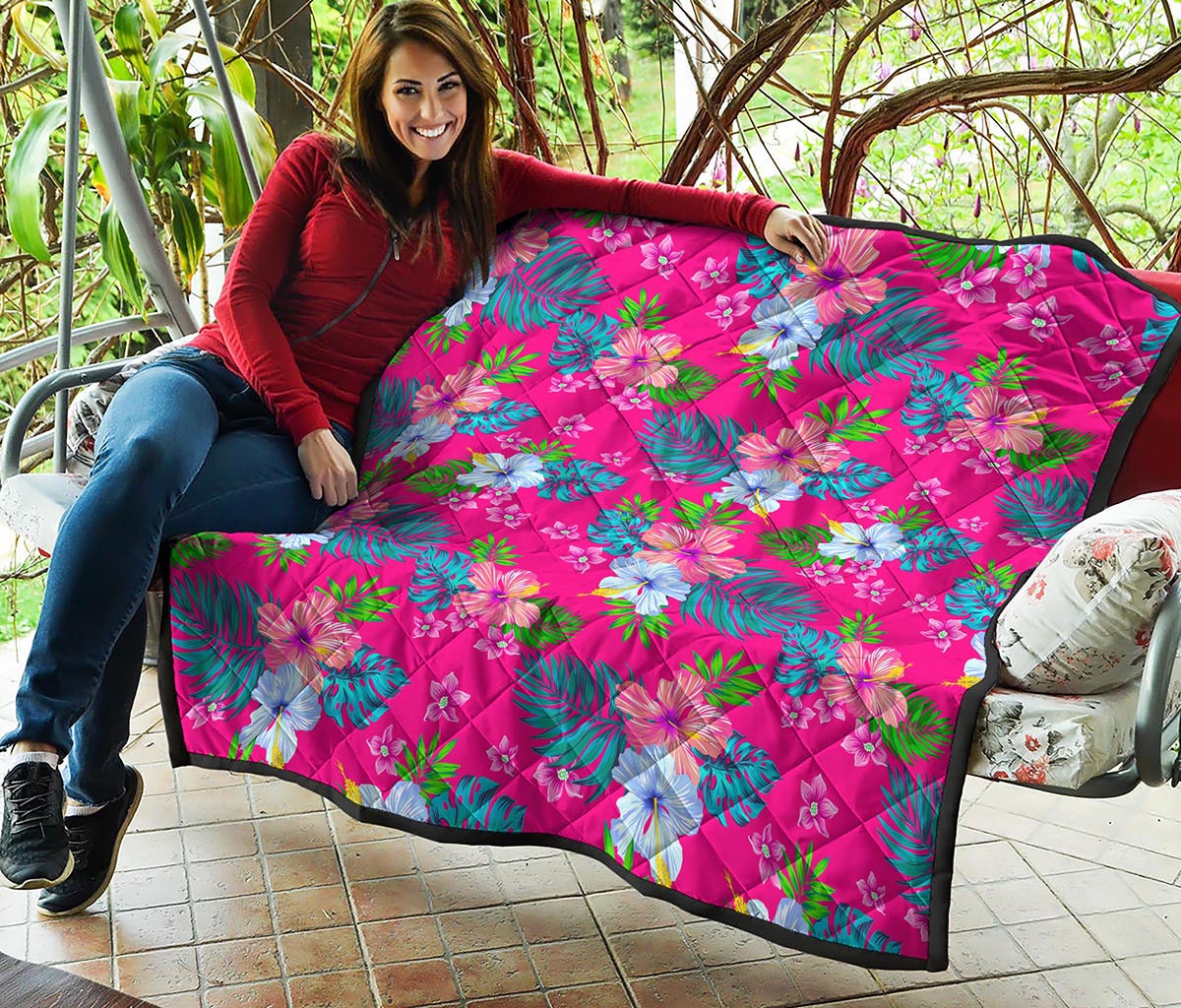 Hot Pink Aloha Hibiscus Pattern Print Quilt