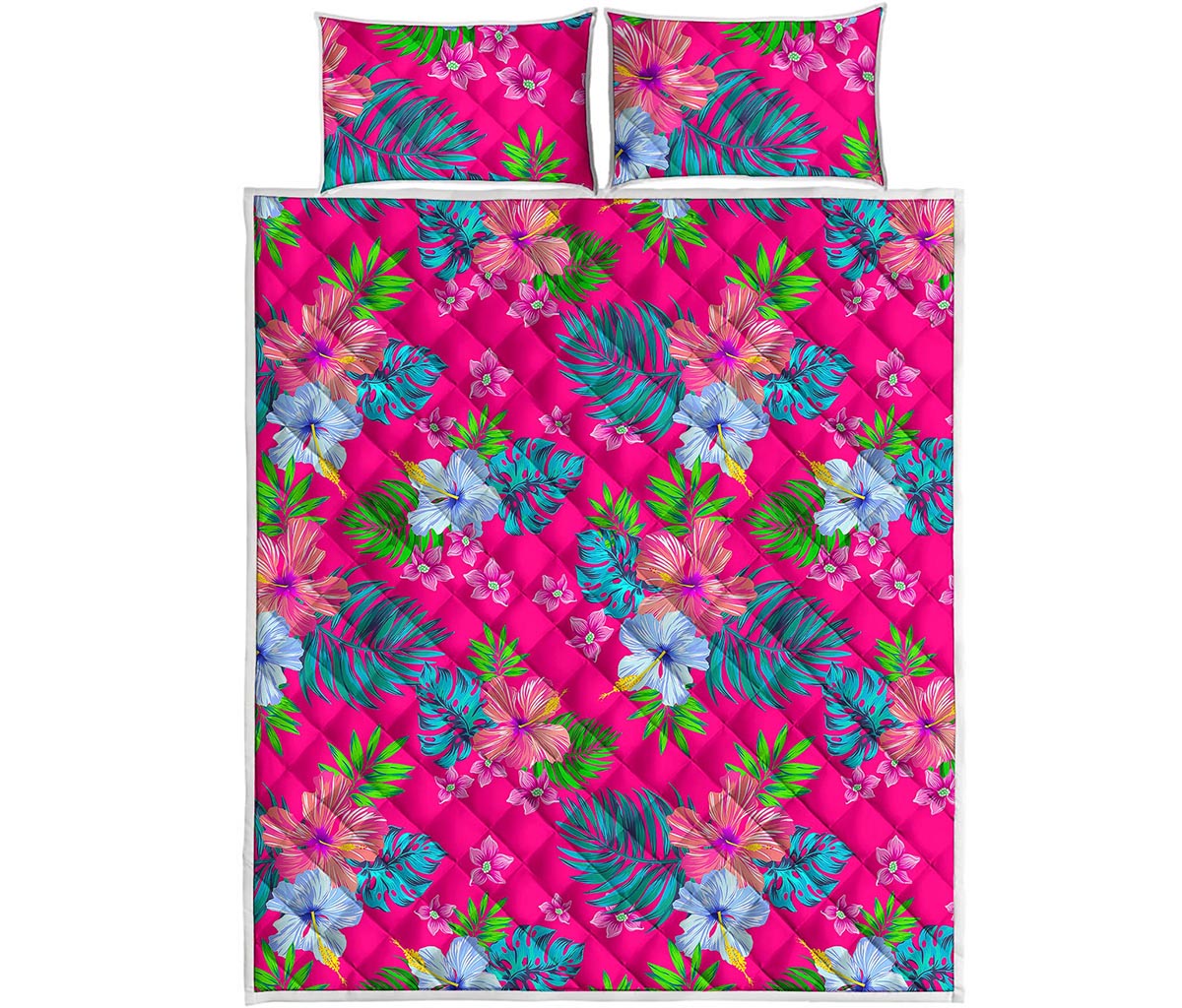 Hot Pink Aloha Hibiscus Pattern Print Quilt Bed Set