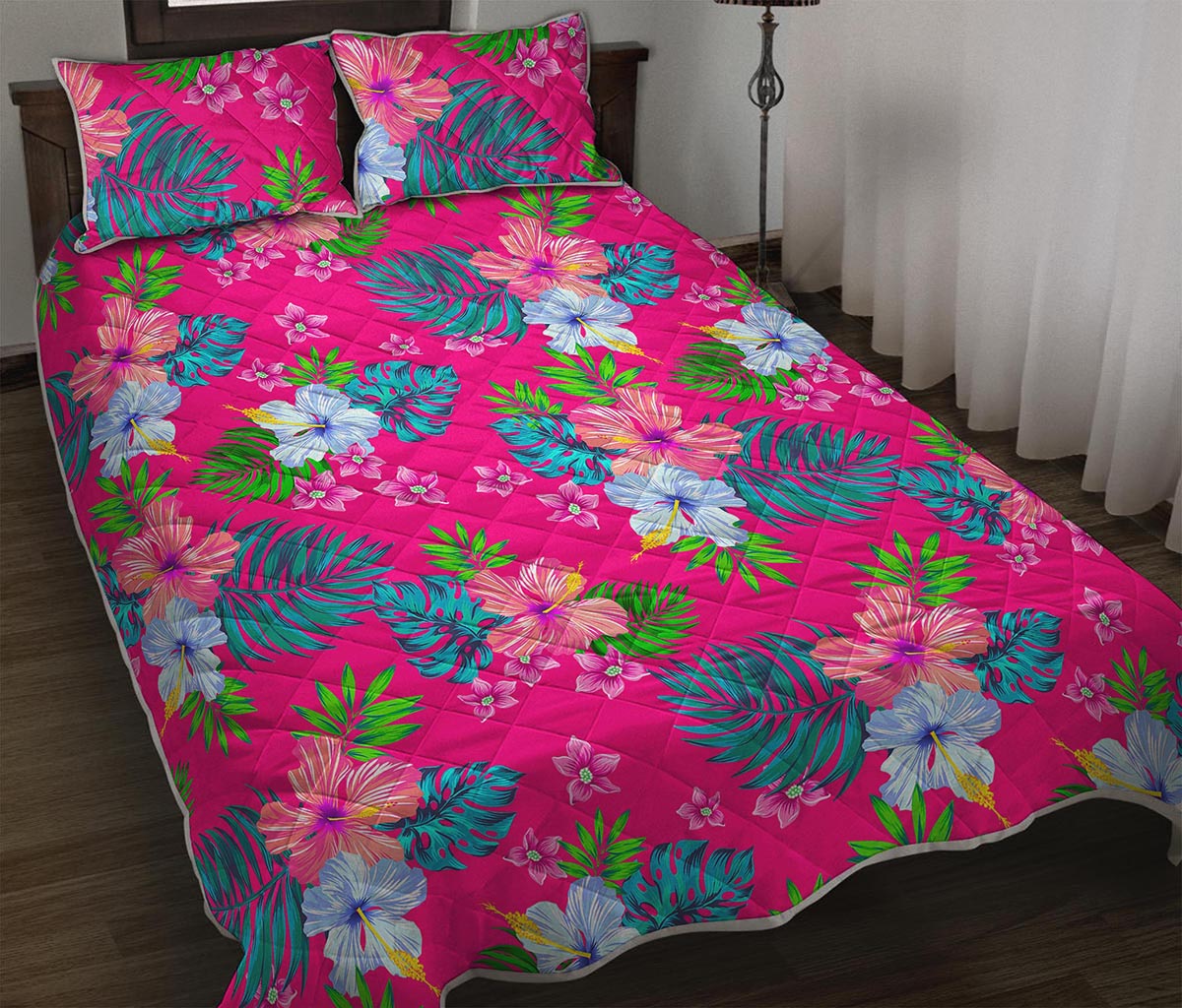 Hot Pink Aloha Hibiscus Pattern Print Quilt Bed Set