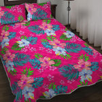 Hot Pink Aloha Hibiscus Pattern Print Quilt Bed Set