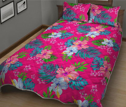 Hot Pink Aloha Hibiscus Pattern Print Quilt Bed Set