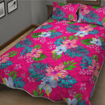 Hot Pink Aloha Hibiscus Pattern Print Quilt Bed Set