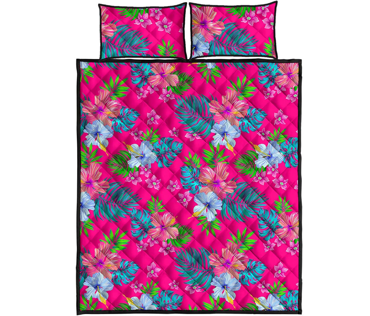 Hot Pink Aloha Hibiscus Pattern Print Quilt Bed Set