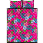 Hot Pink Aloha Hibiscus Pattern Print Quilt Bed Set