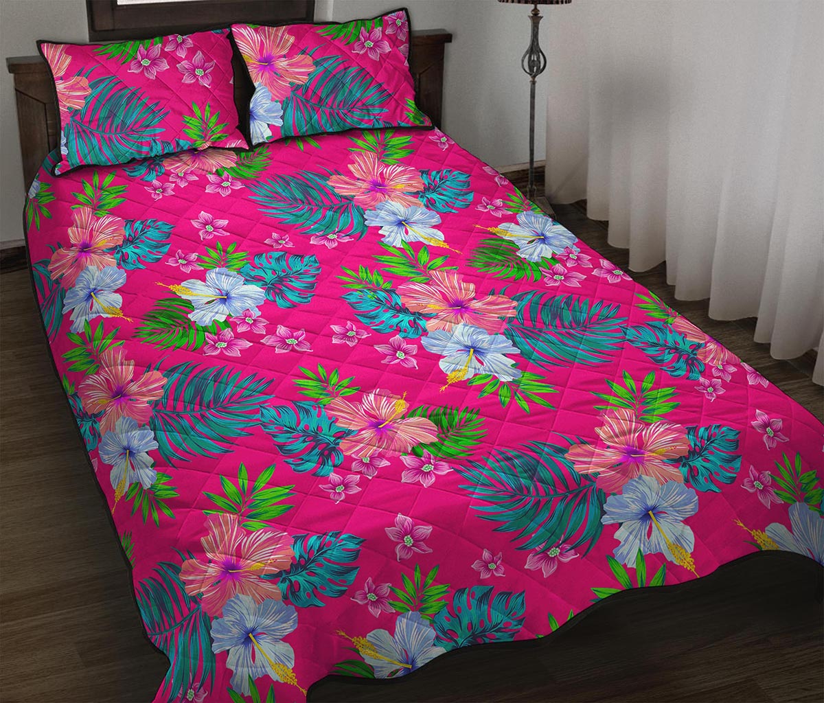 Hot Pink Aloha Hibiscus Pattern Print Quilt Bed Set
