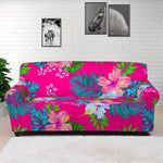Hot Pink Aloha Hibiscus Pattern Print Sofa Cover