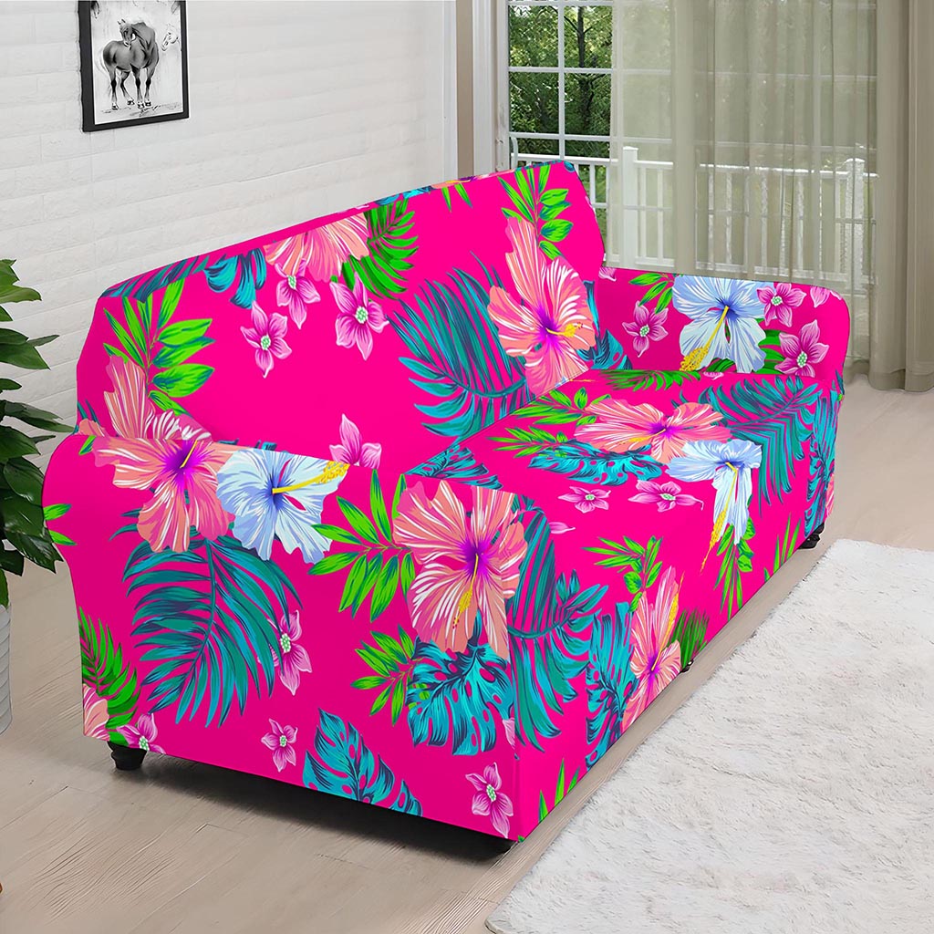 Hot Pink Aloha Hibiscus Pattern Print Sofa Cover