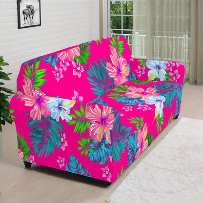 Hot Pink Aloha Hibiscus Pattern Print Sofa Cover