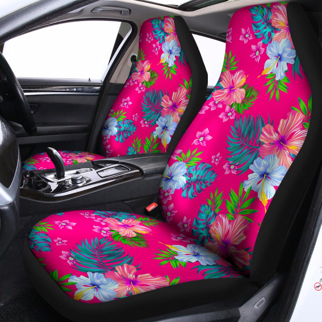 Hot Pink Aloha Hibiscus Pattern Print Universal Fit Car Seat Covers