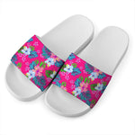 Hot Pink Aloha Hibiscus Pattern Print White Slide Sandals