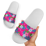 Hot Pink Aloha Hibiscus Pattern Print White Slide Sandals