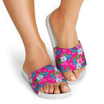 Hot Pink Aloha Hibiscus Pattern Print White Slide Sandals