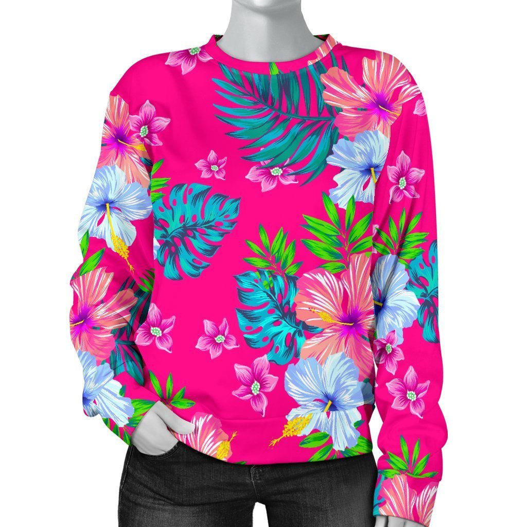 Hot Pink Aloha Hibiscus Pattern Print Women's Crewneck Sweatshirt GearFrost