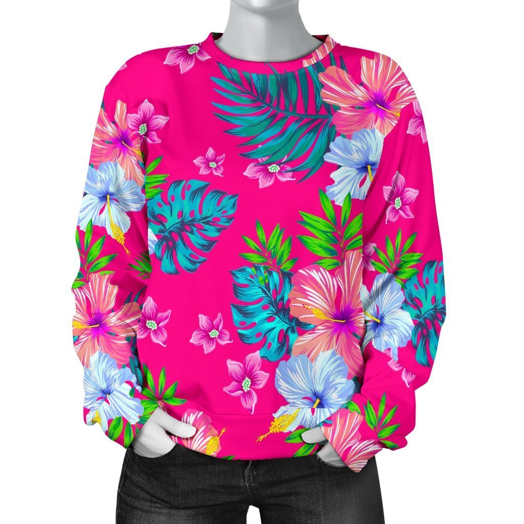 Hot Pink Aloha Hibiscus Pattern Print Women's Crewneck Sweatshirt GearFrost