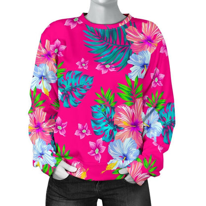 Hot Pink Aloha Hibiscus Pattern Print Women's Crewneck Sweatshirt GearFrost