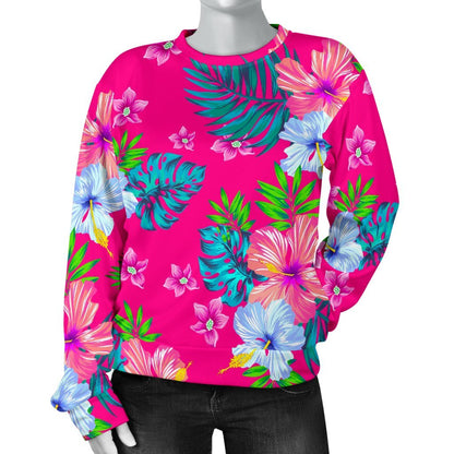 Hot Pink Aloha Hibiscus Pattern Print Women's Crewneck Sweatshirt GearFrost