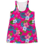 Hot Pink Aloha Hibiscus Pattern Print Women's Racerback Tank Top