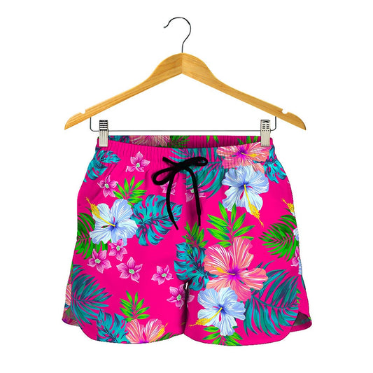 Hot Pink Aloha Hibiscus Pattern Print Women's Shorts