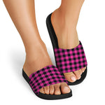 Hot Pink And Black Buffalo Check Print Black Slide Sandals