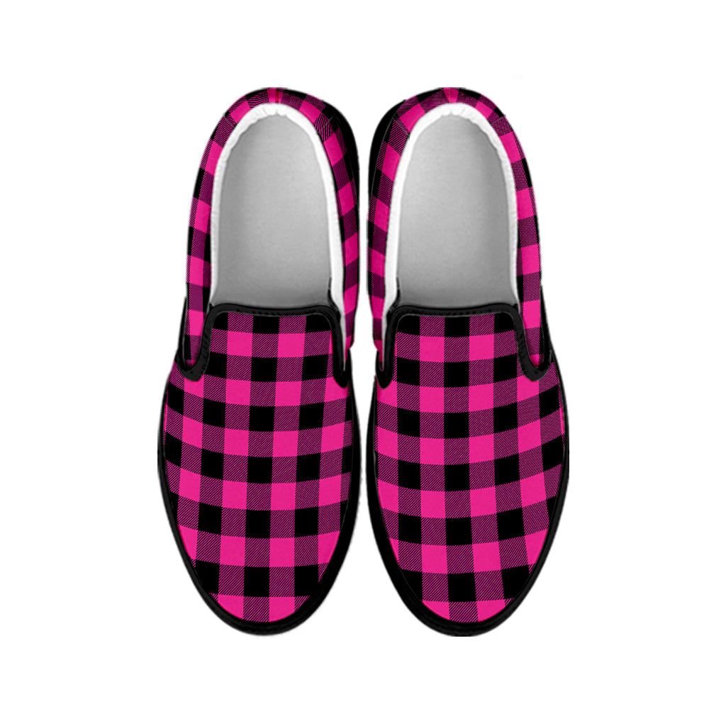 Hot Pink And Black Buffalo Check Print Black Slip On Shoes