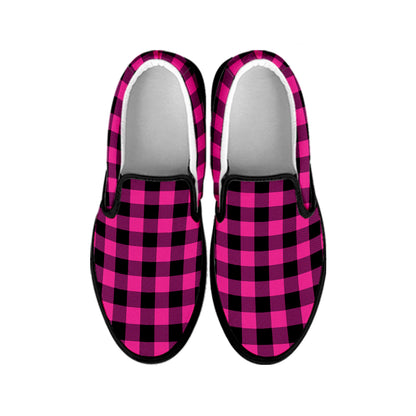 Hot Pink And Black Buffalo Check Print Black Slip On Shoes