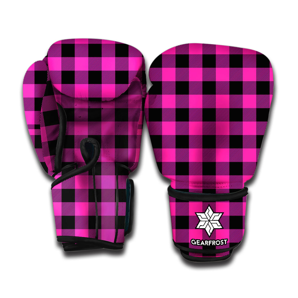 Hot Pink And Black Buffalo Check Print Boxing Gloves