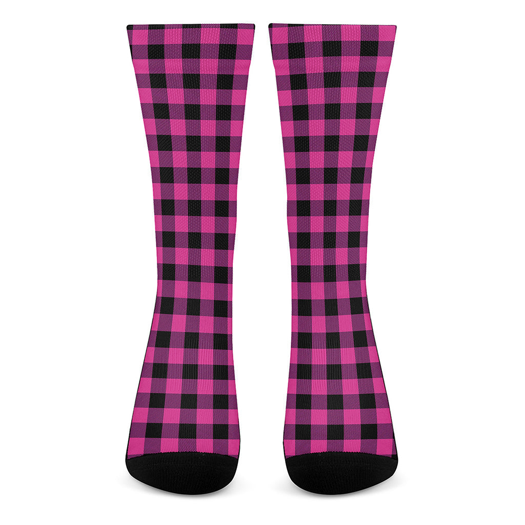 Hot Pink And Black Buffalo Check Print Crew Socks