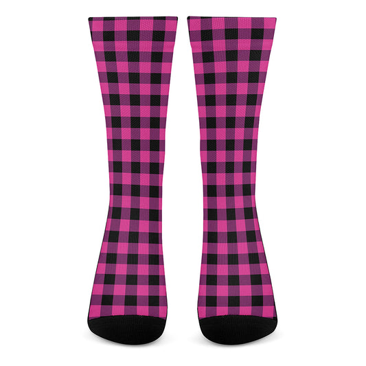 Hot Pink And Black Buffalo Check Print Crew Socks