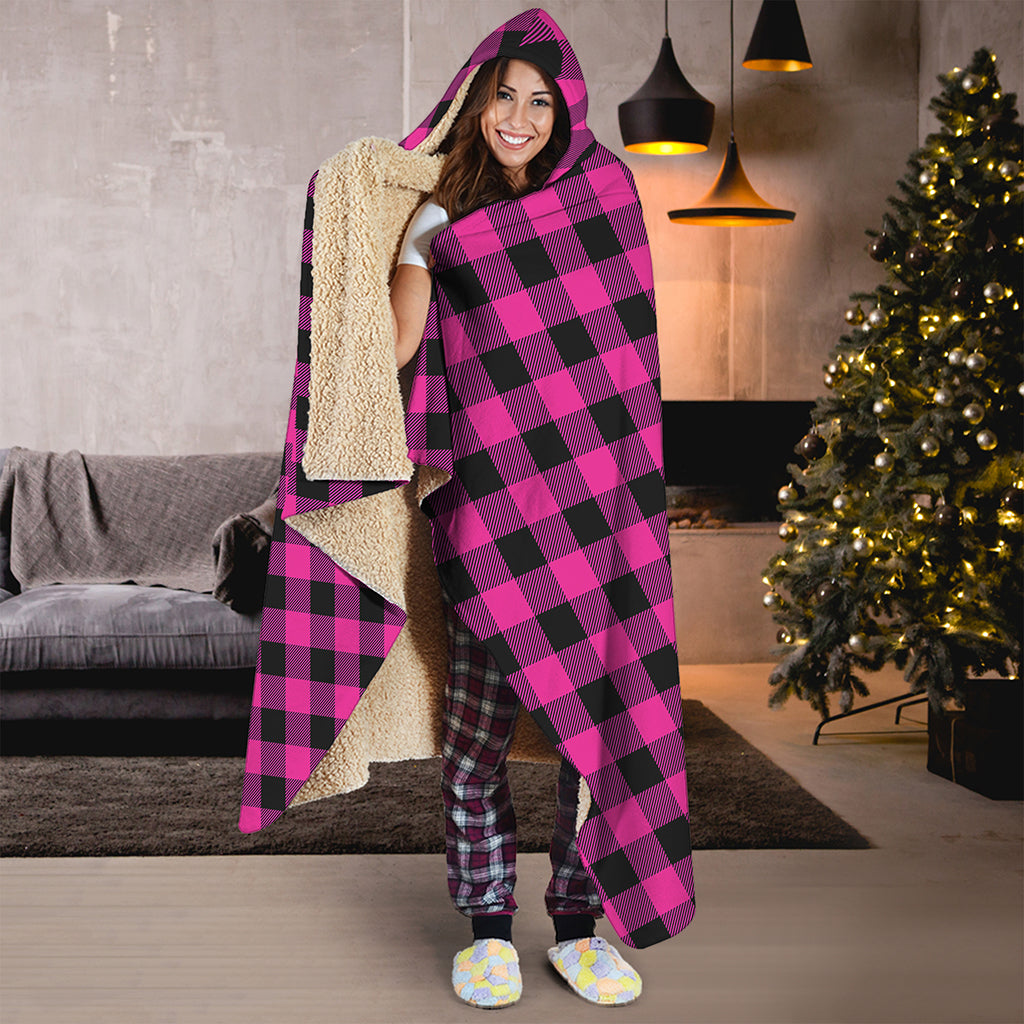 Hot Pink And Black Buffalo Check Print Hooded Blanket