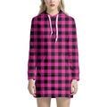 Hot Pink And Black Buffalo Check Print Pullover Hoodie Dress