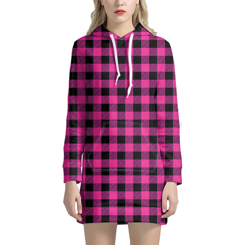 Hot Pink And Black Buffalo Check Print Hoodie Dress