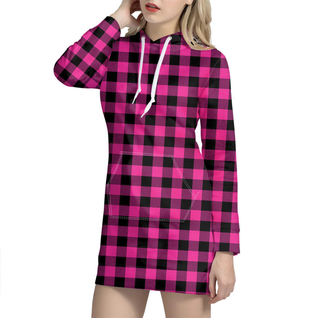 Hot Pink And Black Buffalo Check Print Hoodie Dress