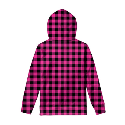Hot Pink And Black Buffalo Check Print Pullover Hoodie