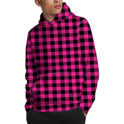 Hot Pink And Black Buffalo Check Print Pullover Hoodie