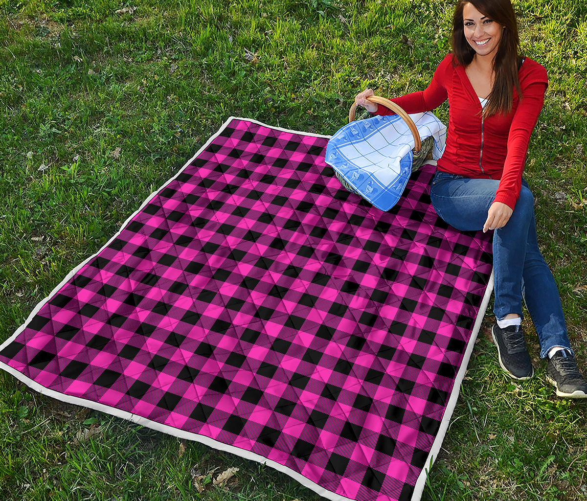 Hot Pink And Black Buffalo Check Print Quilt