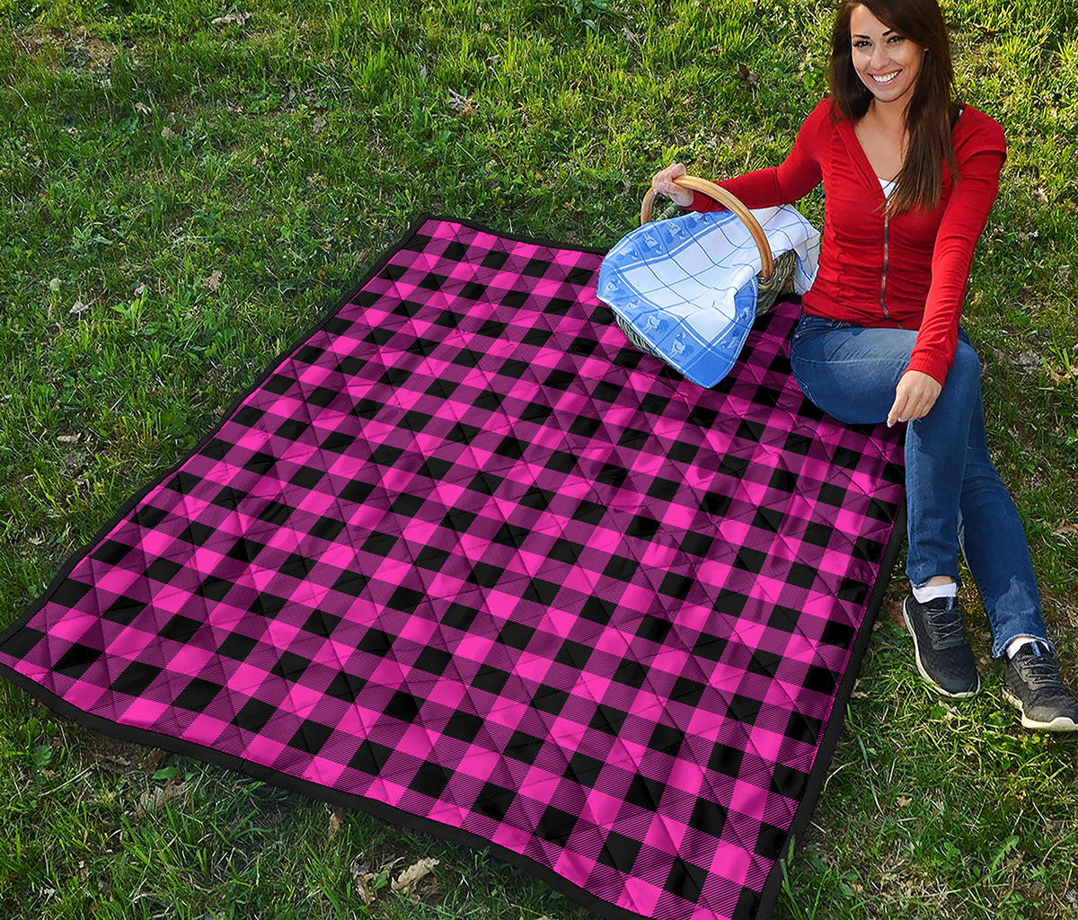 Hot Pink And Black Buffalo Check Print Quilt