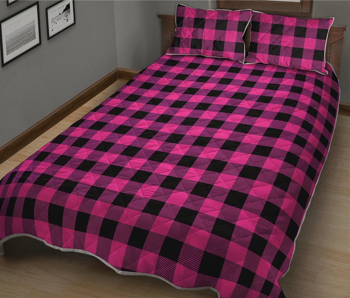 Hot Pink And Black Buffalo Check Print Quilt Bed Set