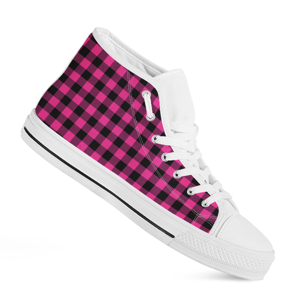 Hot Pink And Black Buffalo Check Print White High Top Shoes