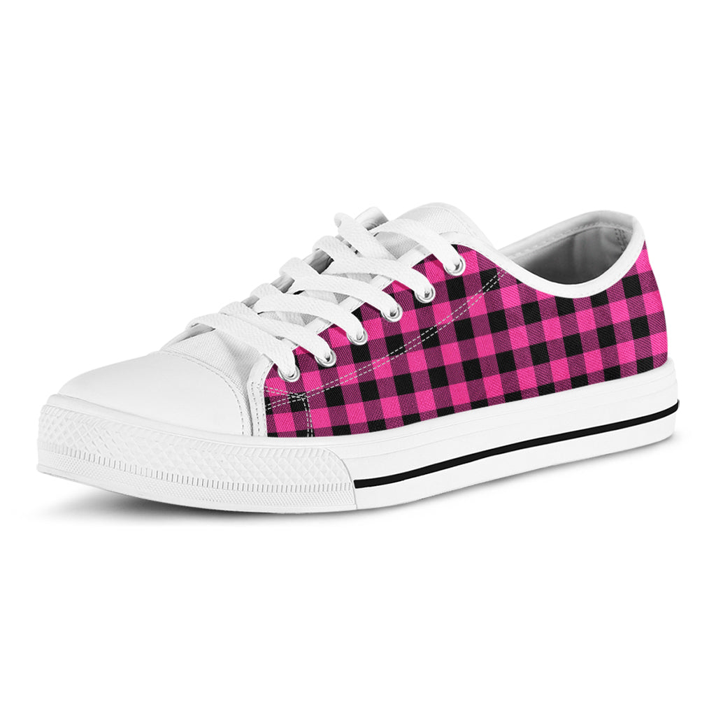 Hot Pink And Black Buffalo Check Print White Low Top Shoes