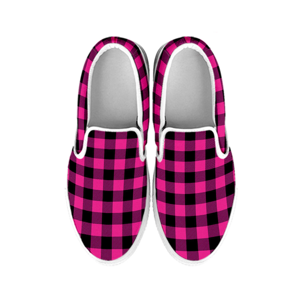 Hot Pink And Black Buffalo Check Print White Slip On Shoes