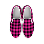 Hot Pink And Black Buffalo Check Print White Slip On Shoes