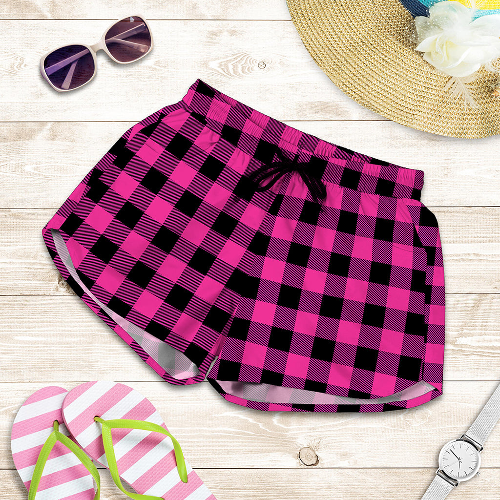 Hot Pink And Black Buffalo Check Print Women's Shorts