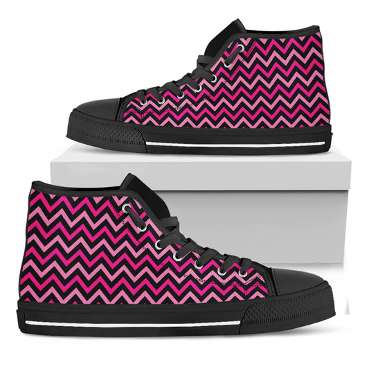 Hot Pink And Black Chevron Pattern Print Black High Top Shoes