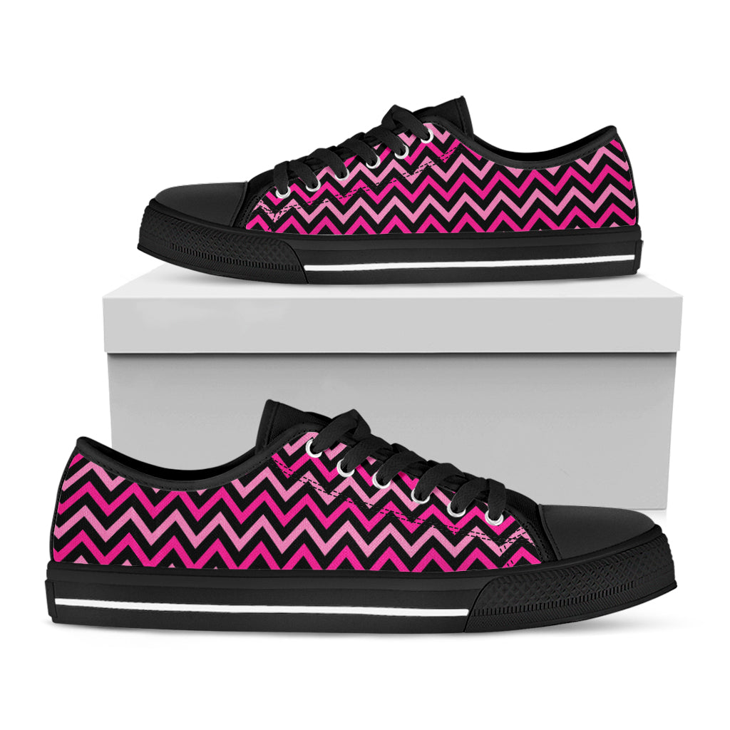 Hot Pink And Black Chevron Pattern Print Black Low Top Shoes