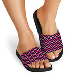 Hot Pink And Black Chevron Pattern Print Black Slide Sandals