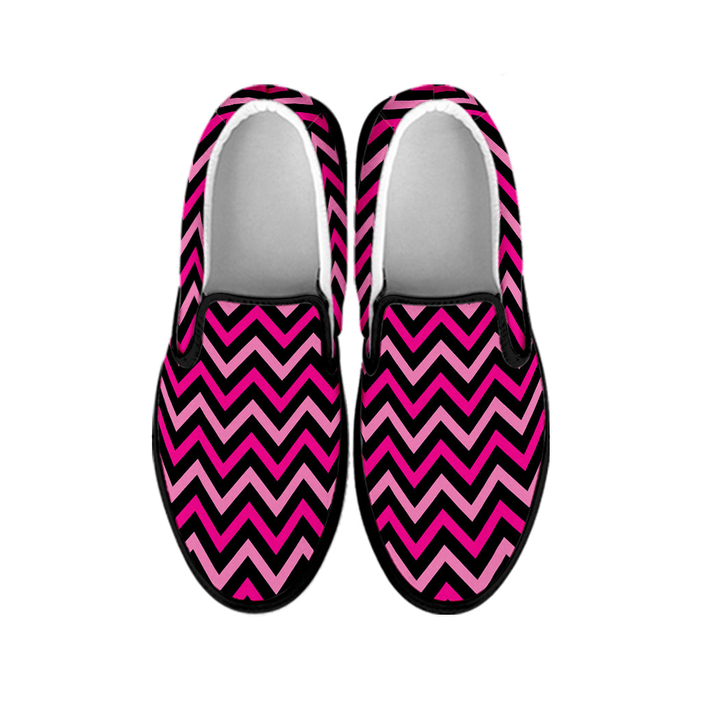 Hot Pink And Black Chevron Pattern Print Black Slip On Shoes