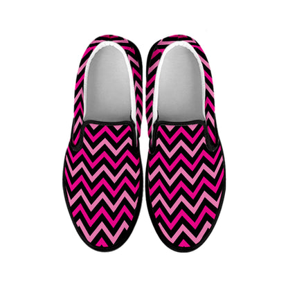 Hot Pink And Black Chevron Pattern Print Black Slip On Shoes