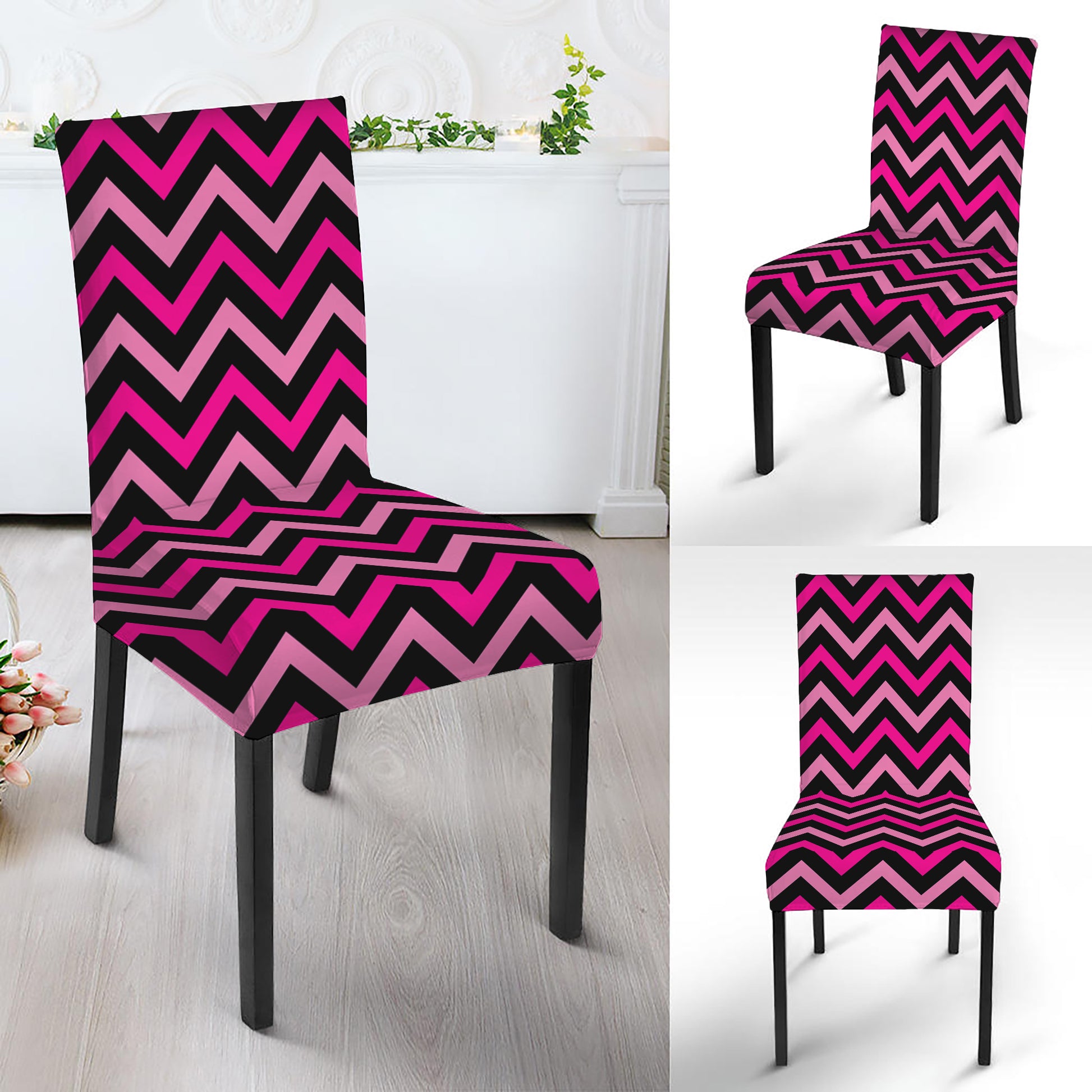 Hot Pink And Black Chevron Pattern Print Dining Chair Slipcover