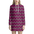 Hot Pink And Black Chevron Pattern Print Pullover Hoodie Dress