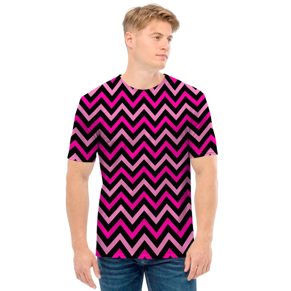 Hot Pink And Black Chevron Pattern Print Men's T-Shirt